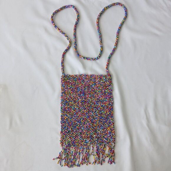 Beaded Small Crossbody Bag Purse Cell Phone Holder Seed Beads Fringe 7.5x5" - Picture 1 of 7